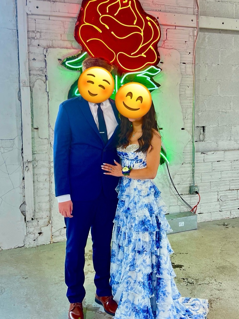 Blue and White Printed High-Low Prom Dress - Picture 2 of 13
